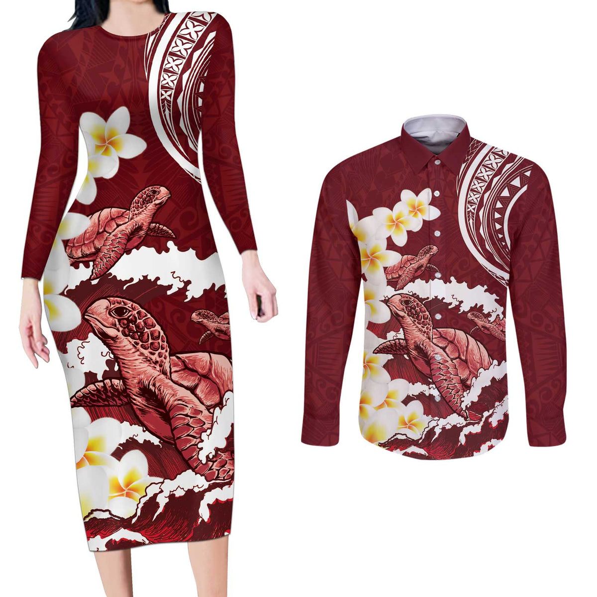 Blood Gold Polynesia Couples Matching Long Sleeve Bodycon Dress and Long Sleeve Button Shirt Polynesian Frangipani With Sea Turtles LT14 Blood Gold - Polynesian Pride