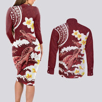 Blood Gold Polynesia Couples Matching Long Sleeve Bodycon Dress and Long Sleeve Button Shirt Polynesian Frangipani With Sea Turtles LT14 - Polynesian Pride