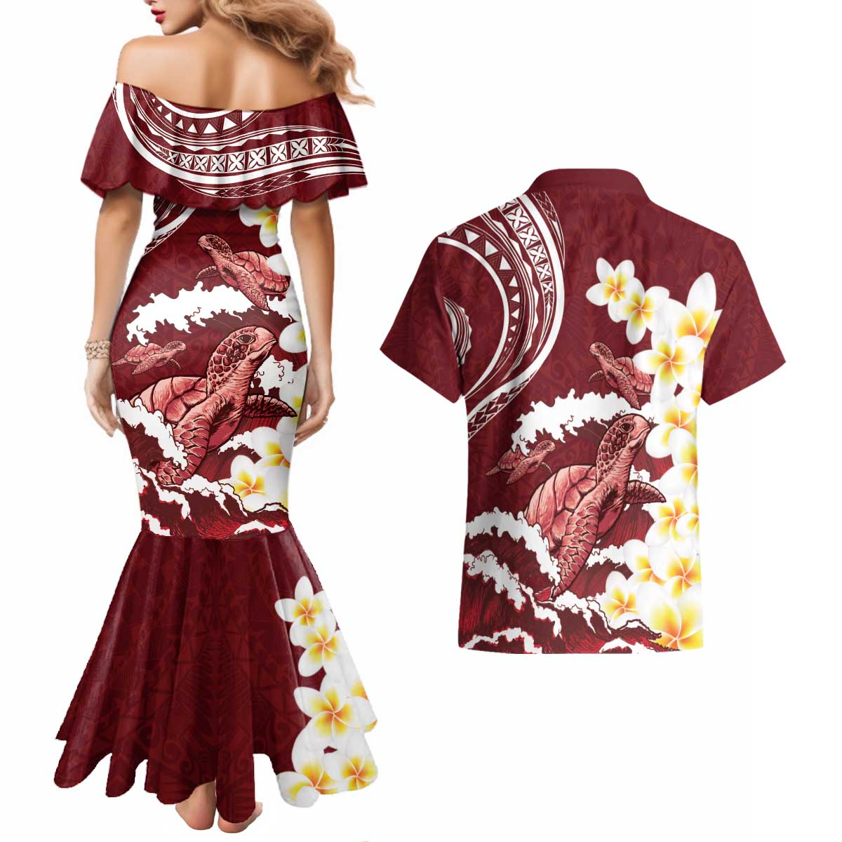 Blood Gold Polynesia Couples Matching Mermaid Dress and Hawaiian Shirt Polynesian Frangipani With Sea Turtles LT14 - Polynesian Pride