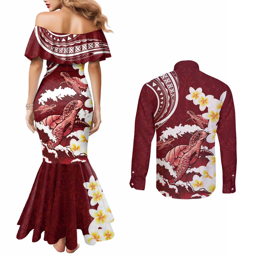 Blood Gold Polynesia Couples Matching Mermaid Dress and Long Sleeve Button Shirt Polynesian Frangipani With Sea Turtles LT14 - Polynesian Pride