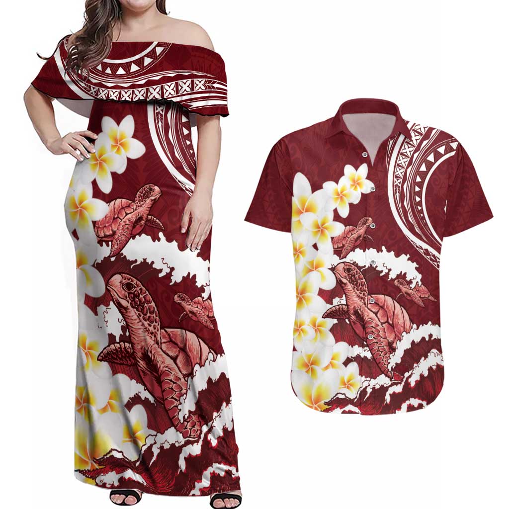 Blood Gold Polynesia Couples Matching Off Shoulder Maxi Dress and Hawaiian Shirt Polynesian Frangipani With Sea Turtles LT14 Blood Gold - Polynesian Pride