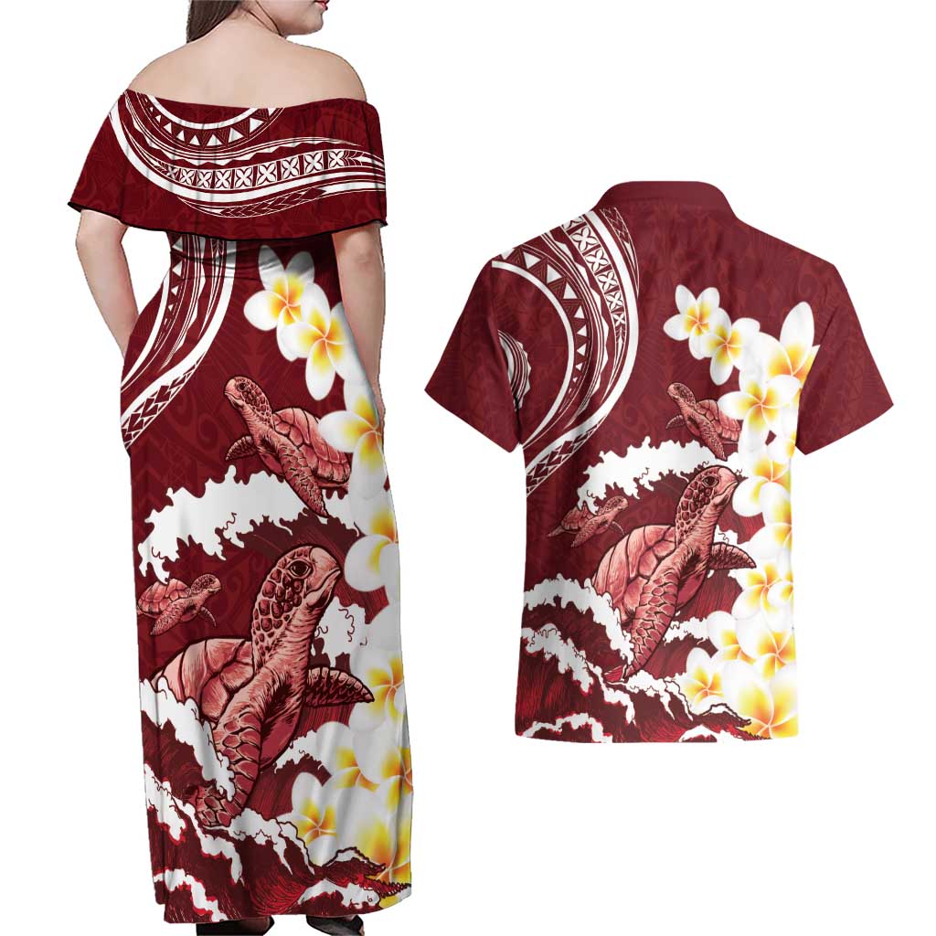 Blood Gold Polynesia Couples Matching Off Shoulder Maxi Dress and Hawaiian Shirt Polynesian Frangipani With Sea Turtles LT14 - Polynesian Pride