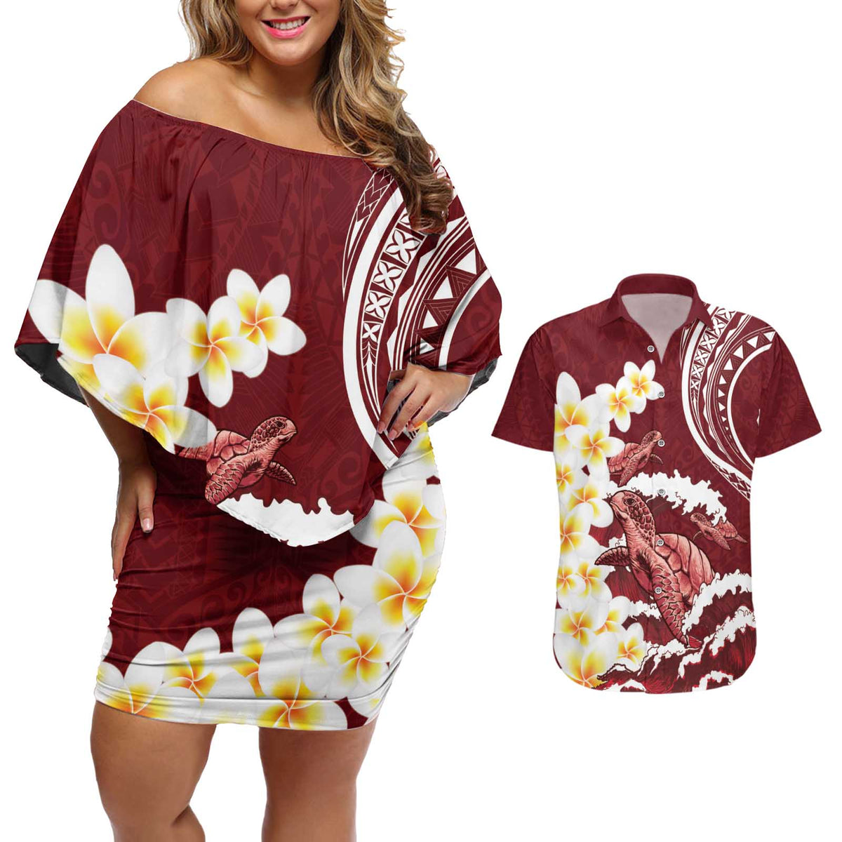 Blood Gold Polynesia Couples Matching Off Shoulder Short Dress and Hawaiian Shirt Polynesian Frangipani With Sea Turtles LT14 Blood Gold - Polynesian Pride