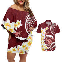 Blood Gold Polynesia Couples Matching Off Shoulder Short Dress and Hawaiian Shirt Polynesian Frangipani With Sea Turtles LT14 Blood Gold - Polynesian Pride