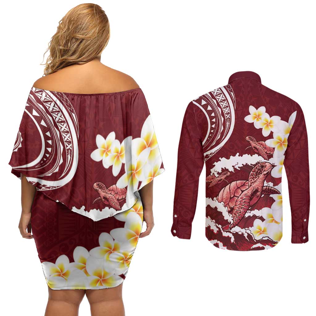 Blood Gold Polynesia Couples Matching Off Shoulder Short Dress and Long Sleeve Button Shirt Polynesian Frangipani With Sea Turtles LT14 - Polynesian Pride