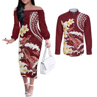 Blood Gold Polynesia Couples Matching Off The Shoulder Long Sleeve Dress and Long Sleeve Button Shirt Polynesian Frangipani With Sea Turtles LT14 Blood Gold - Polynesian Pride