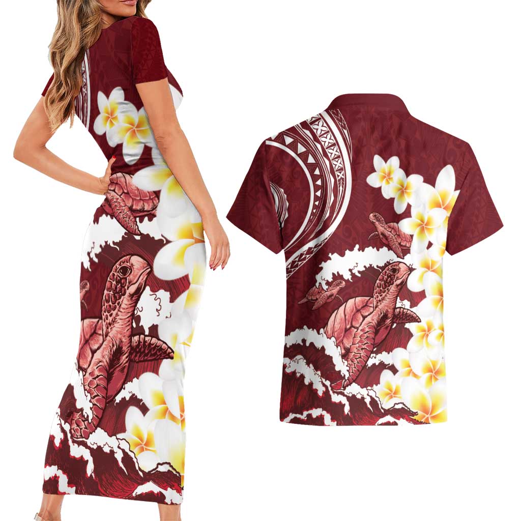 Blood Gold Polynesia Couples Matching Short Sleeve Bodycon Dress and Hawaiian Shirt Polynesian Frangipani With Sea Turtles LT14 - Polynesian Pride