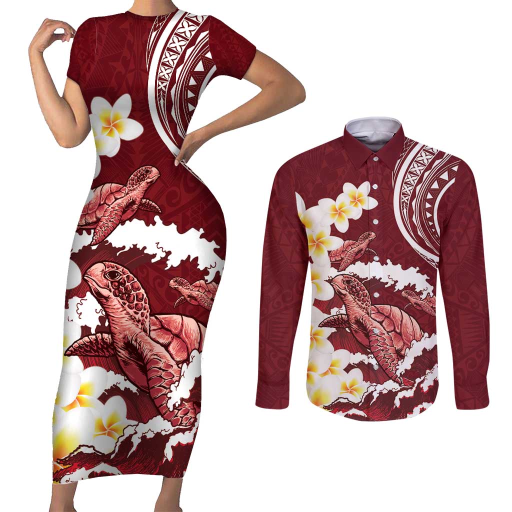 Blood Gold Polynesia Couples Matching Short Sleeve Bodycon Dress and Long Sleeve Button Shirt Polynesian Frangipani With Sea Turtles LT14 Blood Gold - Polynesian Pride