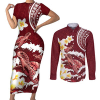 Blood Gold Polynesia Couples Matching Short Sleeve Bodycon Dress and Long Sleeve Button Shirt Polynesian Frangipani With Sea Turtles LT14 Blood Gold - Polynesian Pride