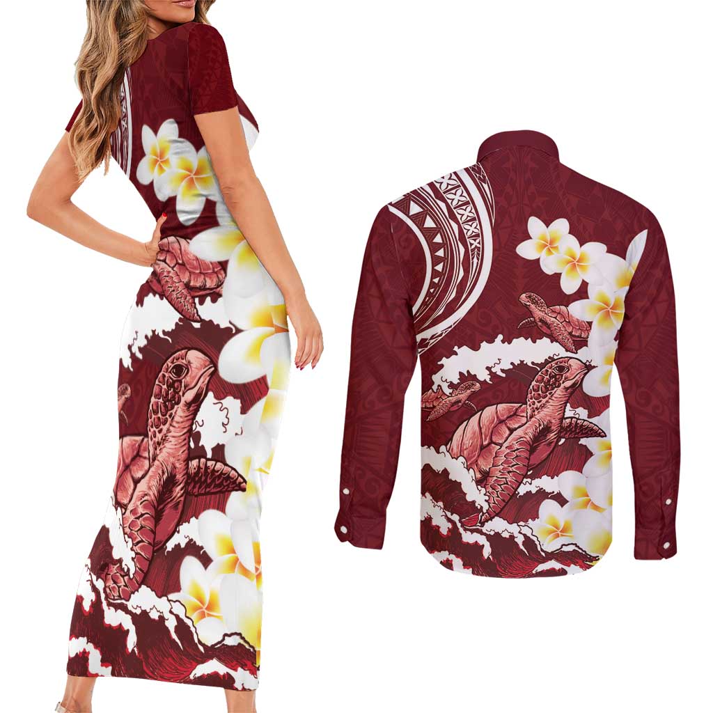 Blood Gold Polynesia Couples Matching Short Sleeve Bodycon Dress and Long Sleeve Button Shirt Polynesian Frangipani With Sea Turtles LT14 - Polynesian Pride