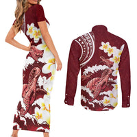 Blood Gold Polynesia Couples Matching Short Sleeve Bodycon Dress and Long Sleeve Button Shirt Polynesian Frangipani With Sea Turtles LT14 - Polynesian Pride