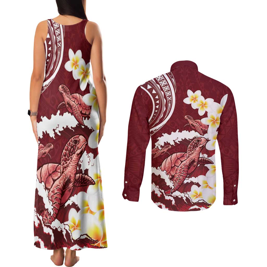 Blood Gold Polynesia Couples Matching Tank Maxi Dress and Long Sleeve Button Shirt Polynesian Frangipani With Sea Turtles LT14 - Polynesian Pride