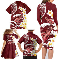 Blood Gold Polynesia Family Matching Long Sleeve Bodycon Dress and Hawaiian Shirt Polynesian Frangipani With Sea Turtles LT14 - Polynesian Pride