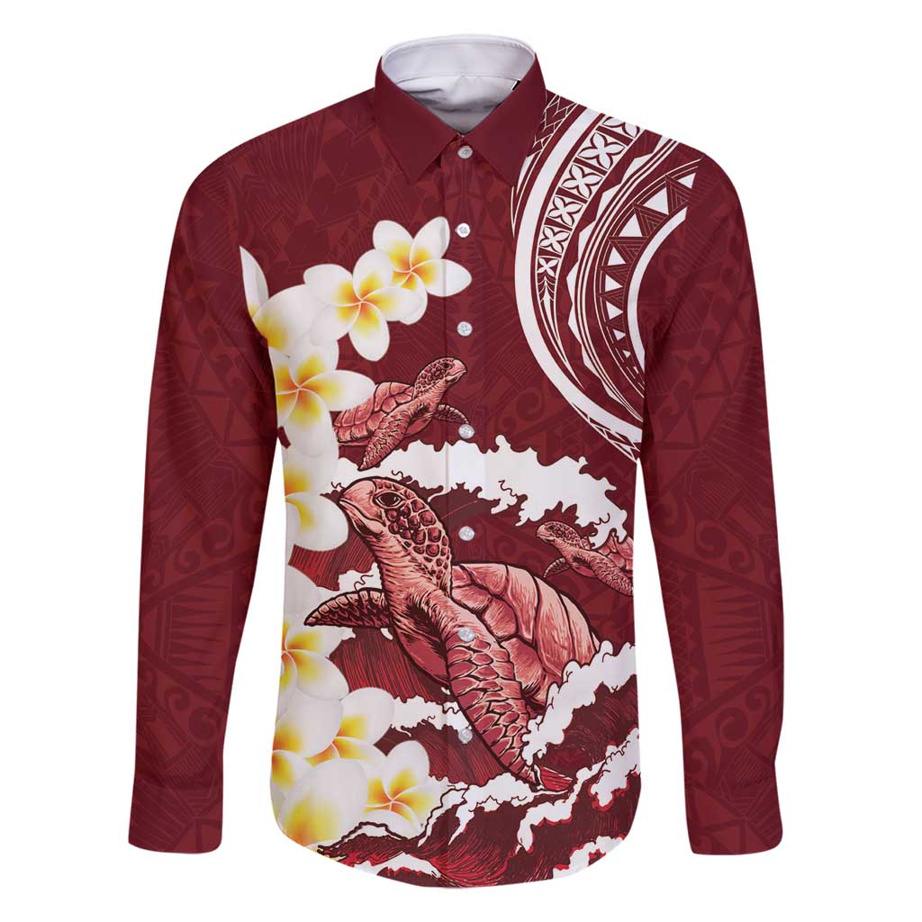 Blood Gold Polynesia Family Matching Off Shoulder Maxi Dress and Hawaiian Shirt Polynesian Frangipani With Sea Turtles LT14 Dad's Shirt - Long Sleeve Blood Gold - Polynesian Pride