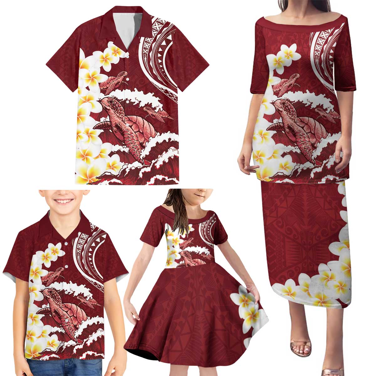 Blood Gold Polynesia Family Matching Puletasi and Hawaiian Shirt Polynesian Frangipani With Sea Turtles LT14 - Polynesian Pride