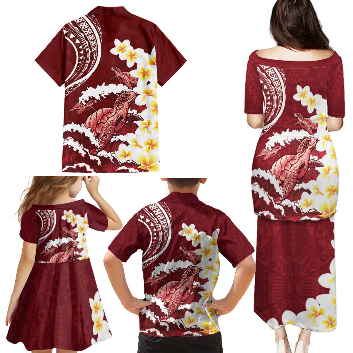 Blood Gold Polynesia Family Matching Puletasi and Hawaiian Shirt Polynesian Frangipani With Sea Turtles LT14 - Polynesian Pride