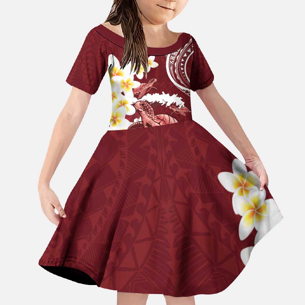 Blood Gold Polynesia Family Matching Short Sleeve Bodycon Dress and Hawaiian Shirt Polynesian Frangipani With Sea Turtles LT14 Daughter's Dress Blood Gold - Polynesian Pride