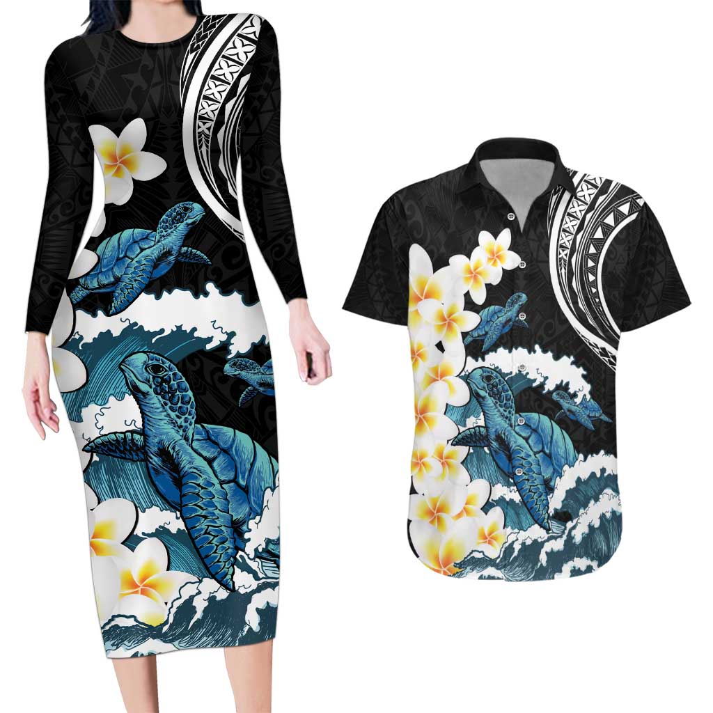 Black Polynesia Couples Matching Long Sleeve Bodycon Dress and Hawaiian Shirt Polynesian Frangipani With Sea Turtles LT14 Black - Polynesian Pride