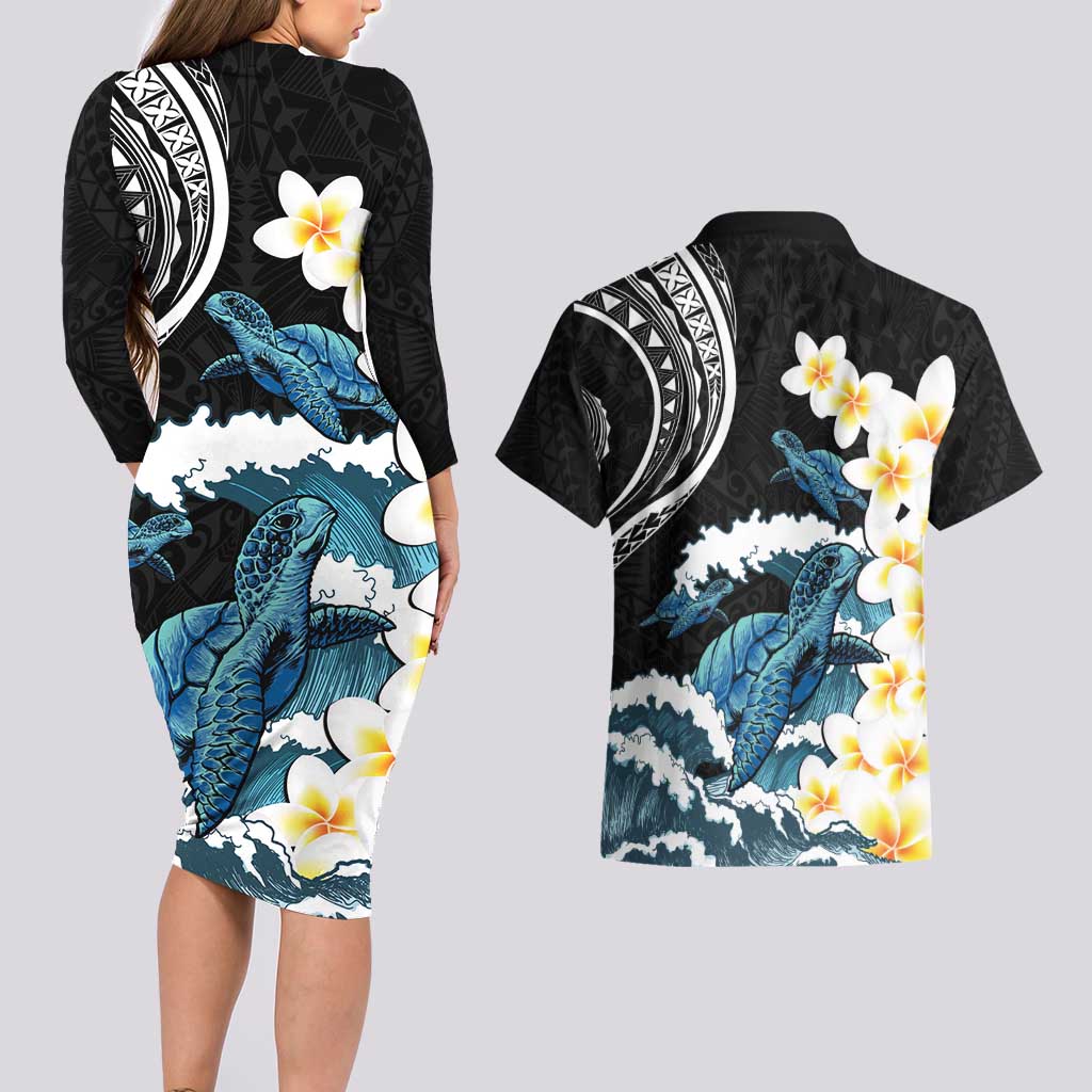 Black Polynesia Couples Matching Long Sleeve Bodycon Dress and Hawaiian Shirt Polynesian Frangipani With Sea Turtles LT14 - Polynesian Pride