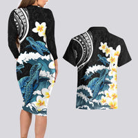 Black Polynesia Couples Matching Long Sleeve Bodycon Dress and Hawaiian Shirt Polynesian Frangipani With Sea Turtles LT14 - Polynesian Pride