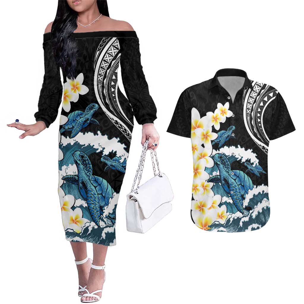 Black Polynesia Couples Matching Off The Shoulder Long Sleeve Dress and Hawaiian Shirt Polynesian Frangipani With Sea Turtles LT14 Black - Polynesian Pride