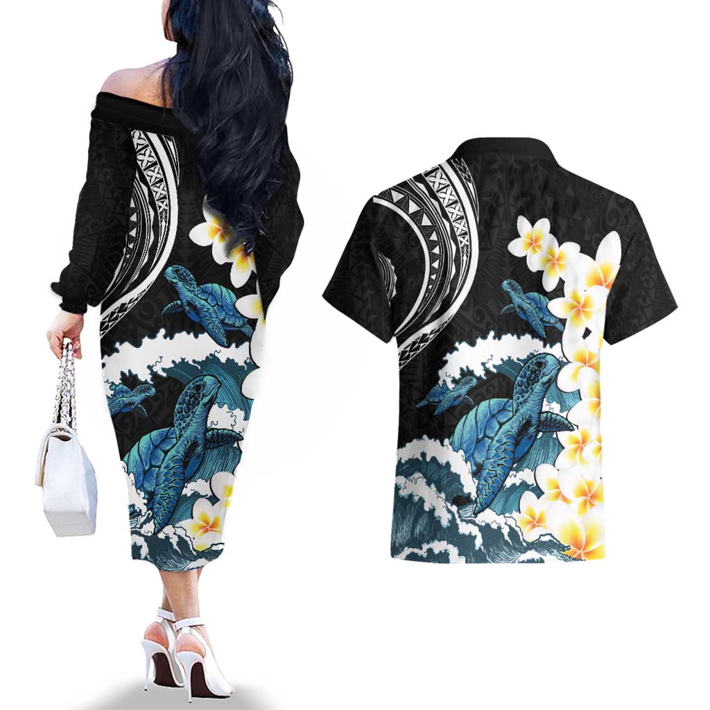 Black Polynesia Couples Matching Off The Shoulder Long Sleeve Dress and Hawaiian Shirt Polynesian Frangipani With Sea Turtles LT14 - Polynesian Pride