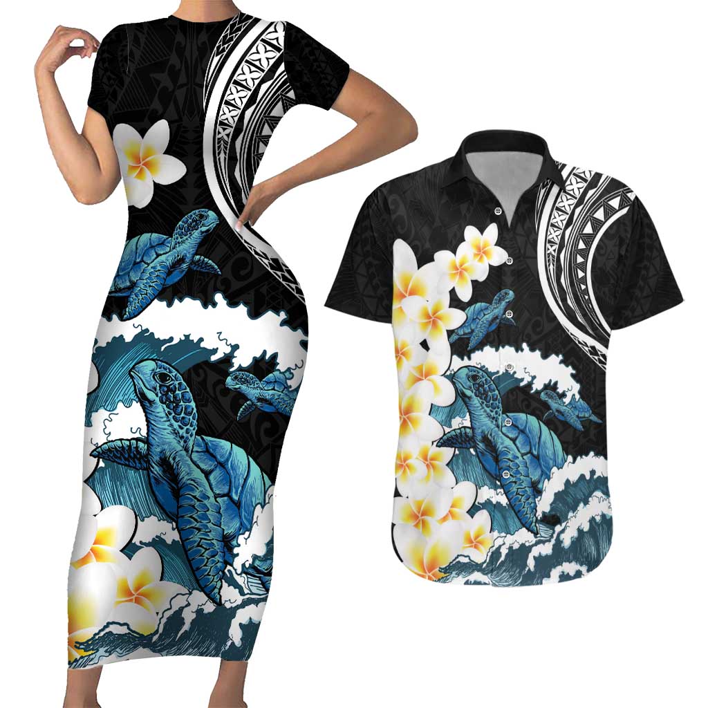Black Polynesia Couples Matching Short Sleeve Bodycon Dress and Hawaiian Shirt Polynesian Frangipani With Sea Turtles LT14 Black - Polynesian Pride