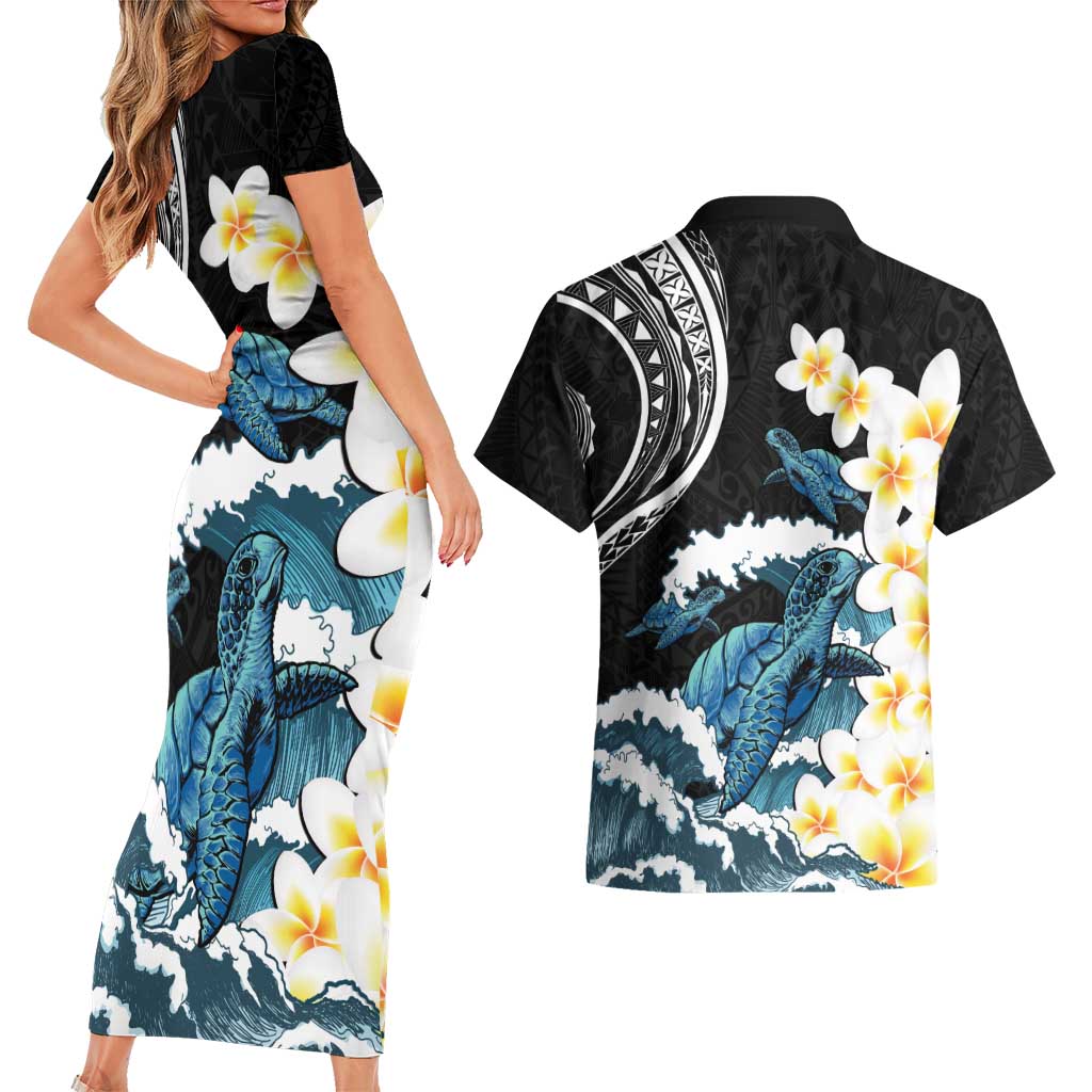 Black Polynesia Couples Matching Short Sleeve Bodycon Dress and Hawaiian Shirt Polynesian Frangipani With Sea Turtles LT14 - Polynesian Pride