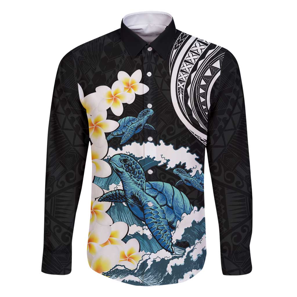 Black Polynesia Family Matching Long Sleeve Bodycon Dress and Hawaiian Shirt Polynesian Frangipani With Sea Turtles LT14 Dad's Shirt - Long Sleeve Black - Polynesian Pride