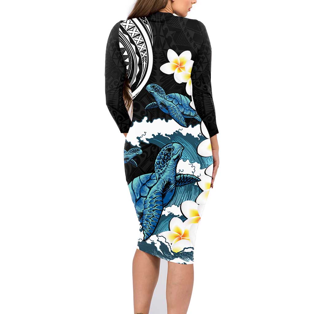 Black Polynesia Family Matching Long Sleeve Bodycon Dress and Hawaiian Shirt Polynesian Frangipani With Sea Turtles LT14 - Polynesian Pride