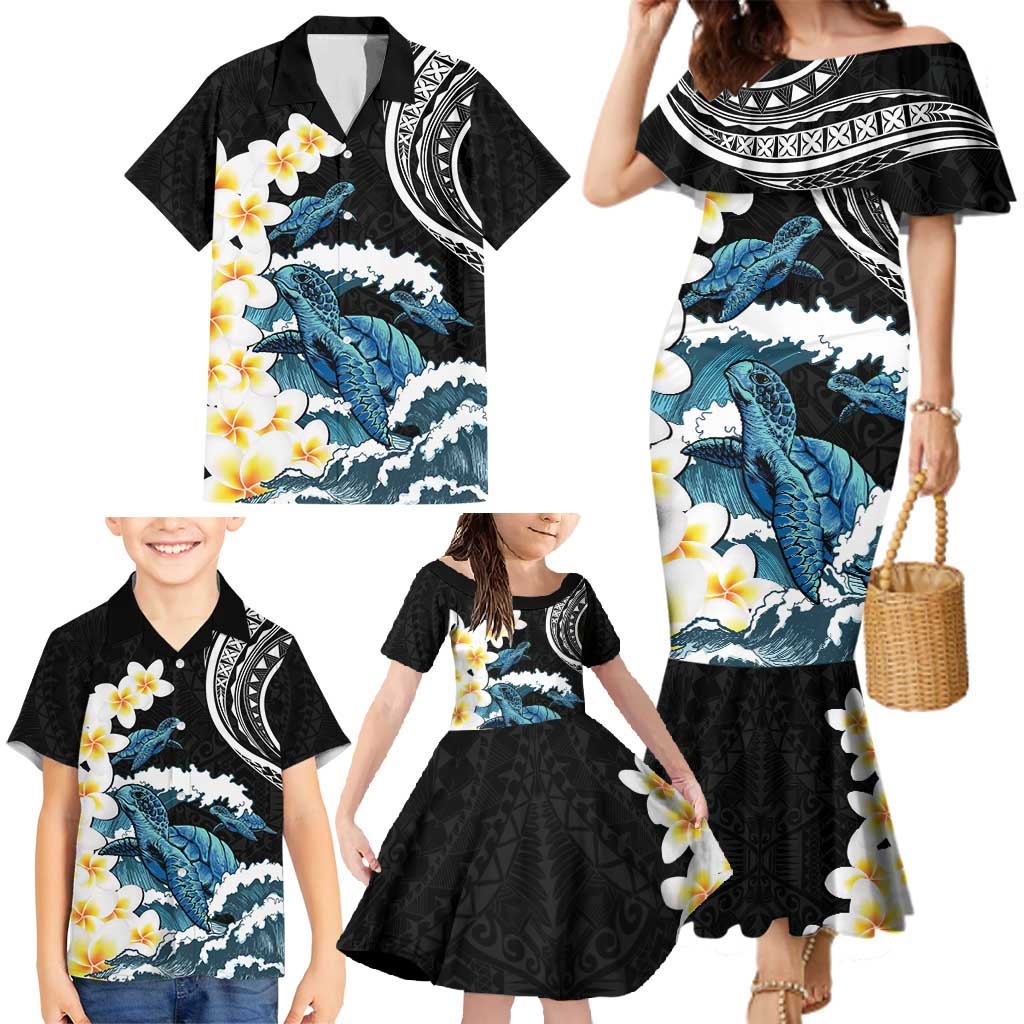 Black Polynesia Family Matching Mermaid Dress and Hawaiian Shirt Polynesian Frangipani With Sea Turtles LT14 - Polynesian Pride