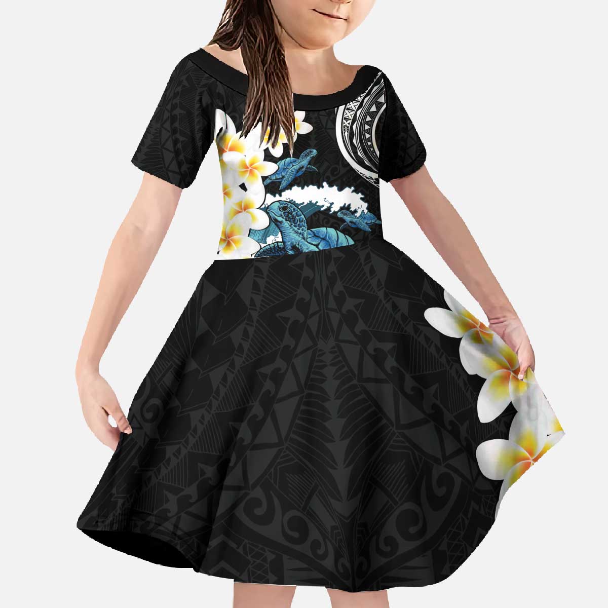 Black Polynesia Family Matching Off The Shoulder Long Sleeve Dress and Hawaiian Shirt Polynesian Frangipani With Sea Turtles LT14 Daughter's Dress Black - Polynesian Pride