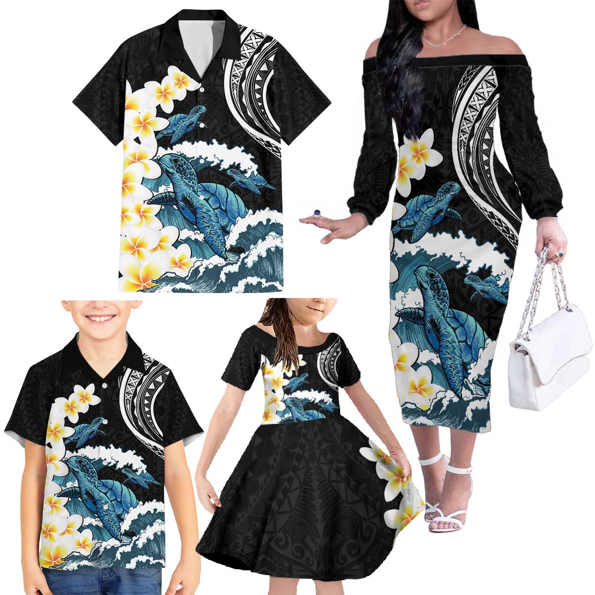 Black Polynesia Family Matching Off The Shoulder Long Sleeve Dress and Hawaiian Shirt Polynesian Frangipani With Sea Turtles LT14 - Polynesian Pride