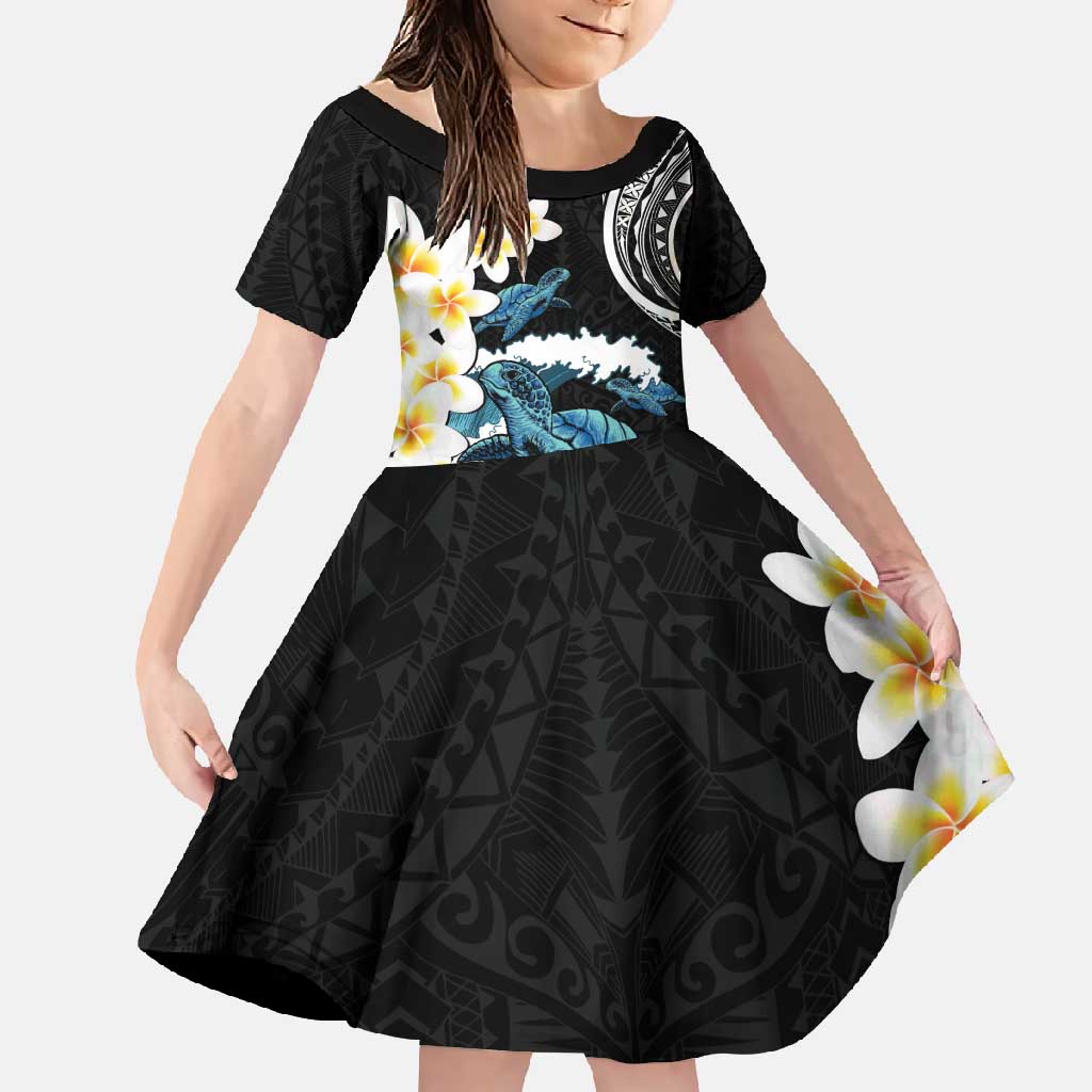 Black Polynesia Family Matching Off Shoulder Maxi Dress and Hawaiian Shirt Polynesian Frangipani With Sea Turtles LT14 Daughter's Dress Black - Polynesian Pride