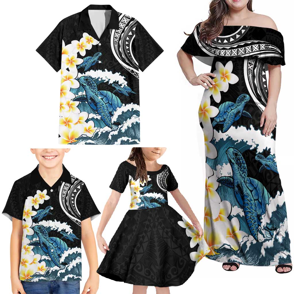 Black Polynesia Family Matching Off Shoulder Maxi Dress and Hawaiian Shirt Polynesian Frangipani With Sea Turtles LT14 - Polynesian Pride