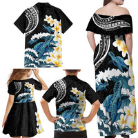 Black Polynesia Family Matching Off Shoulder Maxi Dress and Hawaiian Shirt Polynesian Frangipani With Sea Turtles LT14 - Polynesian Pride