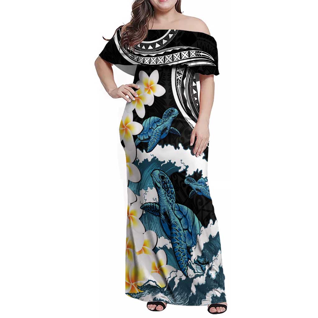 Black Polynesia Family Matching Off Shoulder Maxi Dress and Hawaiian Shirt Polynesian Frangipani With Sea Turtles LT14 Mom's Dress Black - Polynesian Pride