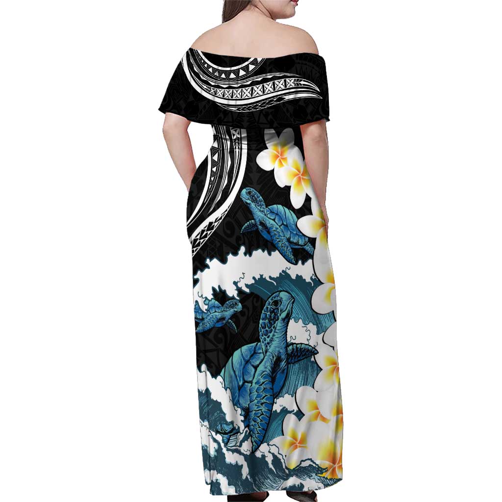 Black Polynesia Family Matching Off Shoulder Maxi Dress and Hawaiian Shirt Polynesian Frangipani With Sea Turtles LT14 - Polynesian Pride
