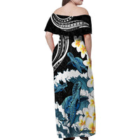 Black Polynesia Family Matching Off Shoulder Maxi Dress and Hawaiian Shirt Polynesian Frangipani With Sea Turtles LT14 - Polynesian Pride