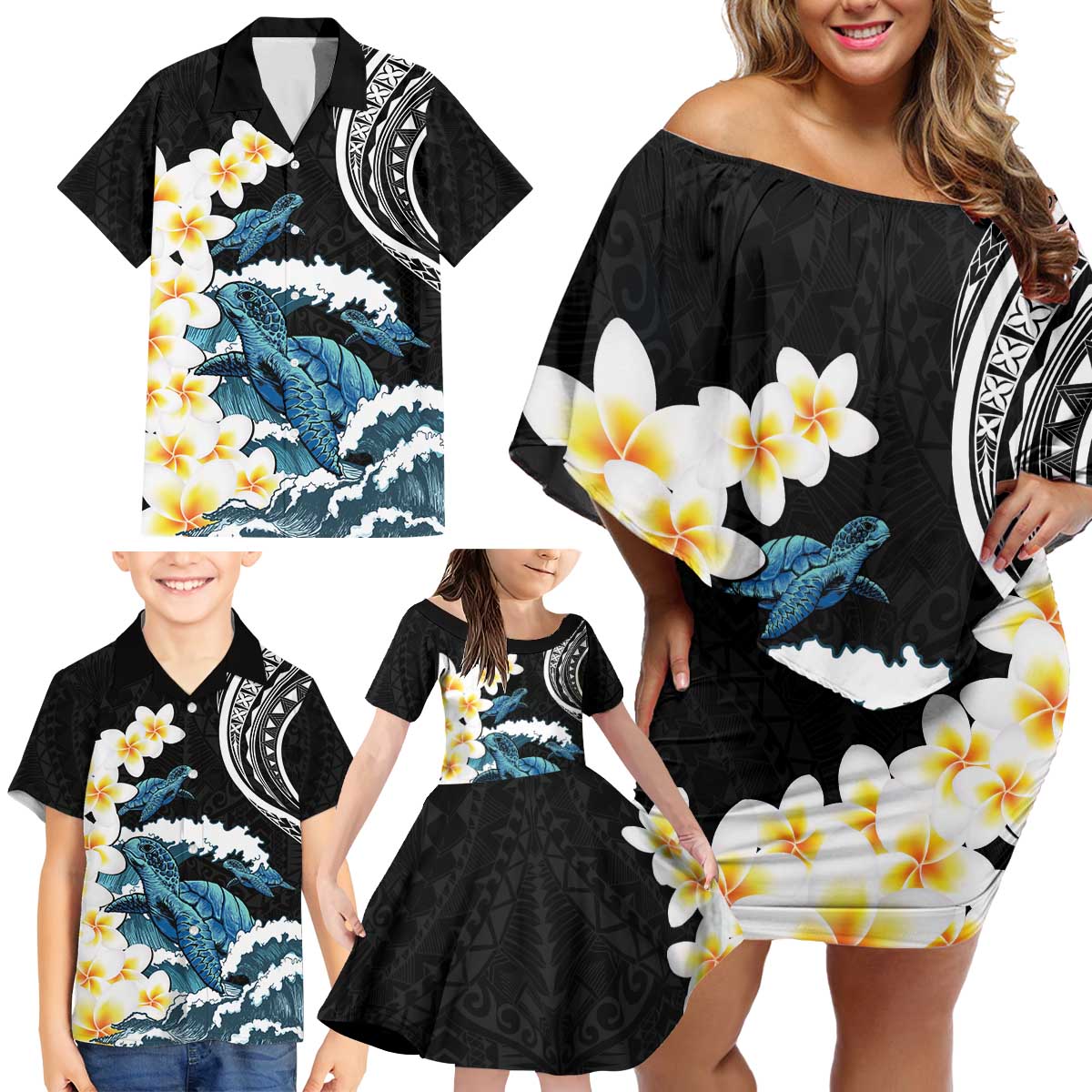 Black Polynesia Family Matching Off Shoulder Short Dress and Hawaiian Shirt Polynesian Frangipani With Sea Turtles LT14 - Polynesian Pride