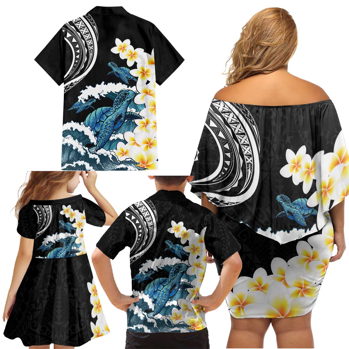 Black Polynesia Family Matching Off Shoulder Short Dress and Hawaiian Shirt Polynesian Frangipani With Sea Turtles LT14 - Polynesian Pride