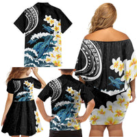 Black Polynesia Family Matching Off Shoulder Short Dress and Hawaiian Shirt Polynesian Frangipani With Sea Turtles LT14 - Polynesian Pride