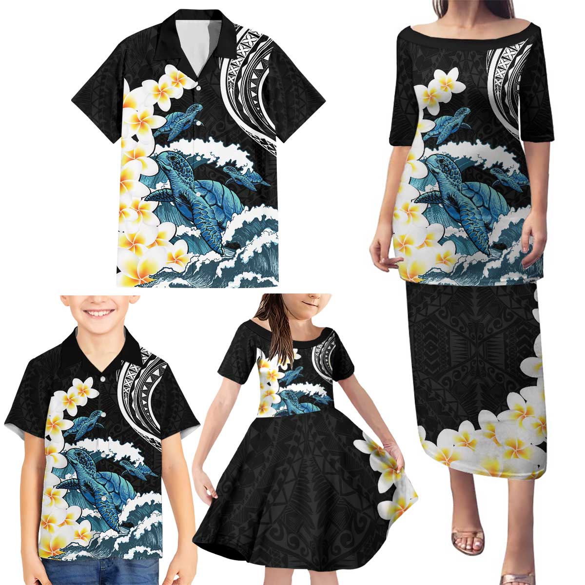 Black Polynesia Family Matching Puletasi and Hawaiian Shirt Polynesian Frangipani With Sea Turtles LT14 - Polynesian Pride