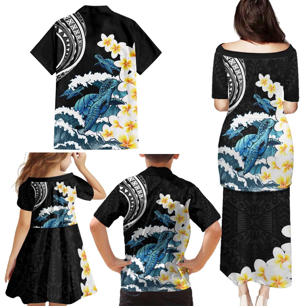 Black Polynesia Family Matching Puletasi and Hawaiian Shirt Polynesian Frangipani With Sea Turtles LT14 - Polynesian Pride