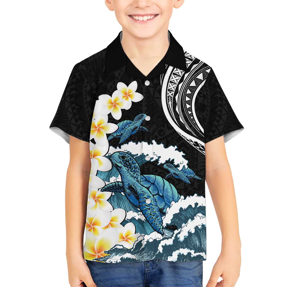 Black Polynesia Family Matching Puletasi and Hawaiian Shirt Polynesian Frangipani With Sea Turtles LT14 Son's Shirt Black - Polynesian Pride