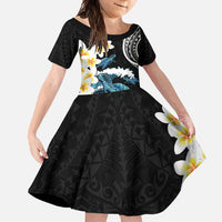 Black Polynesia Family Matching Short Sleeve Bodycon Dress and Hawaiian Shirt Polynesian Frangipani With Sea Turtles LT14 Daughter's Dress Black - Polynesian Pride
