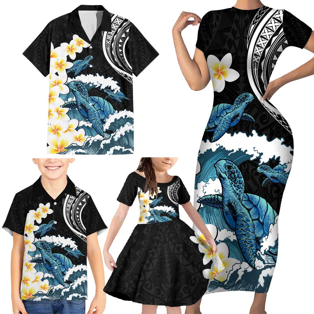 Black Polynesia Family Matching Short Sleeve Bodycon Dress and Hawaiian Shirt Polynesian Frangipani With Sea Turtles LT14 - Polynesian Pride
