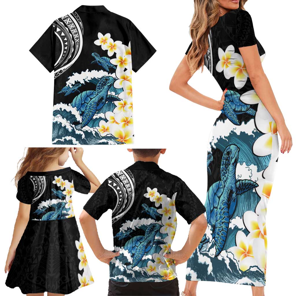 Black Polynesia Family Matching Short Sleeve Bodycon Dress and Hawaiian Shirt Polynesian Frangipani With Sea Turtles LT14 - Polynesian Pride