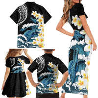 Black Polynesia Family Matching Short Sleeve Bodycon Dress and Hawaiian Shirt Polynesian Frangipani With Sea Turtles LT14 - Polynesian Pride