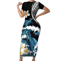 Black Polynesia Family Matching Short Sleeve Bodycon Dress and Hawaiian Shirt Polynesian Frangipani With Sea Turtles LT14 Mom's Dress Black - Polynesian Pride